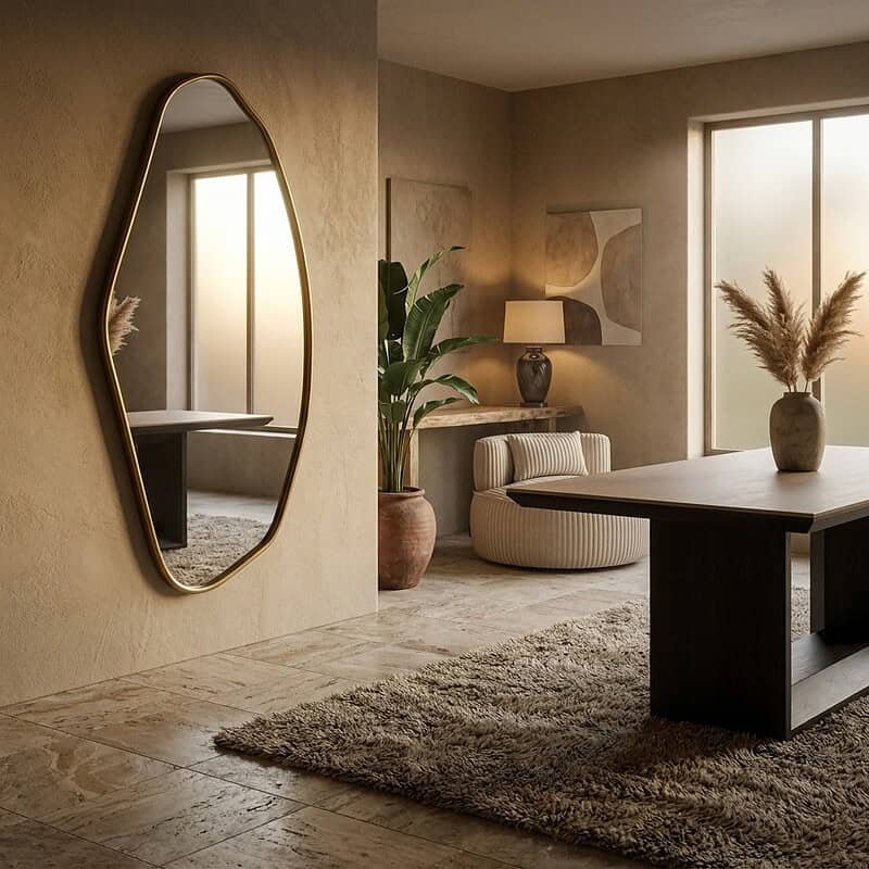 Elegantes Interieur mit modernem Esstisch, großem Spiegel, Pflanzen und stimmungsvoller Beleuchtung in einem gemütlich eingerichteten Wohnzimmer.