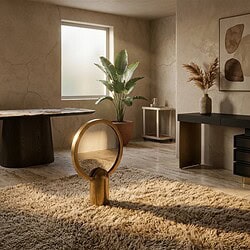 Interieur met houten meubels, grote plant, en decoratieve elementen in een lichte, natuurlijke stijl. Perfect voor een warme en stijlvolle woonruimte.