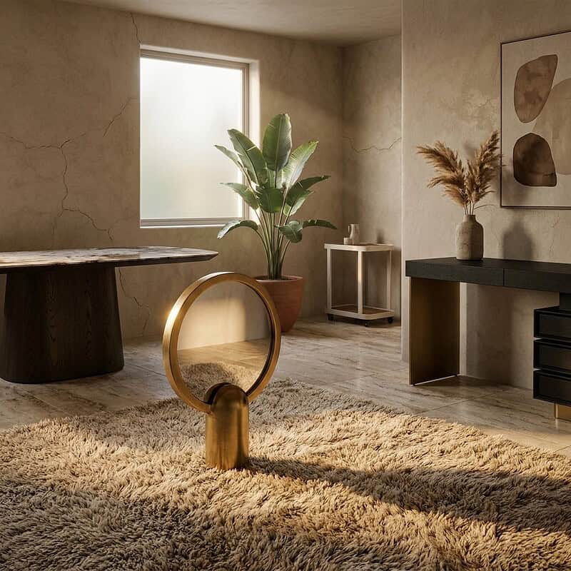 Interieur met houten meubels, grote plant, en decoratieve elementen in een lichte, natuurlijke stijl. Perfect voor een warme en stijlvolle woonruimte.