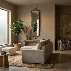 Gezellige woonkamer ingericht met moderne, minimalistische meubels, grote ramen, planten en een warme sfeer. Perfect voor een stijlvolle en comfortabele leefruimte.
