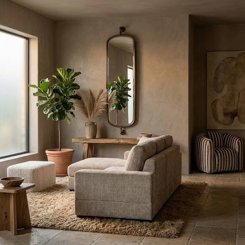 Gezellige woonkamer ingericht met moderne, minimalistische meubels, grote ramen, planten en een warme sfeer. Perfect voor een stijlvolle en comfortabele leefruimte.