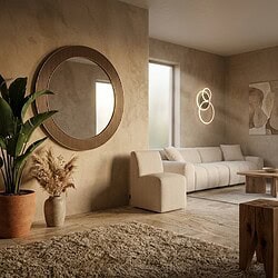 Moderne woonkamer met een grote witte bank, ronde spiegel en natuurlijke decoraties, perfect voor een stijlvolle en gezellige woonruimte.