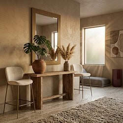 Elegante houten console met groene planten en grote spiegel in een minimalistische woonkamer. Natuurlijk licht en warme kleuren creëren een gezellige sfeer.