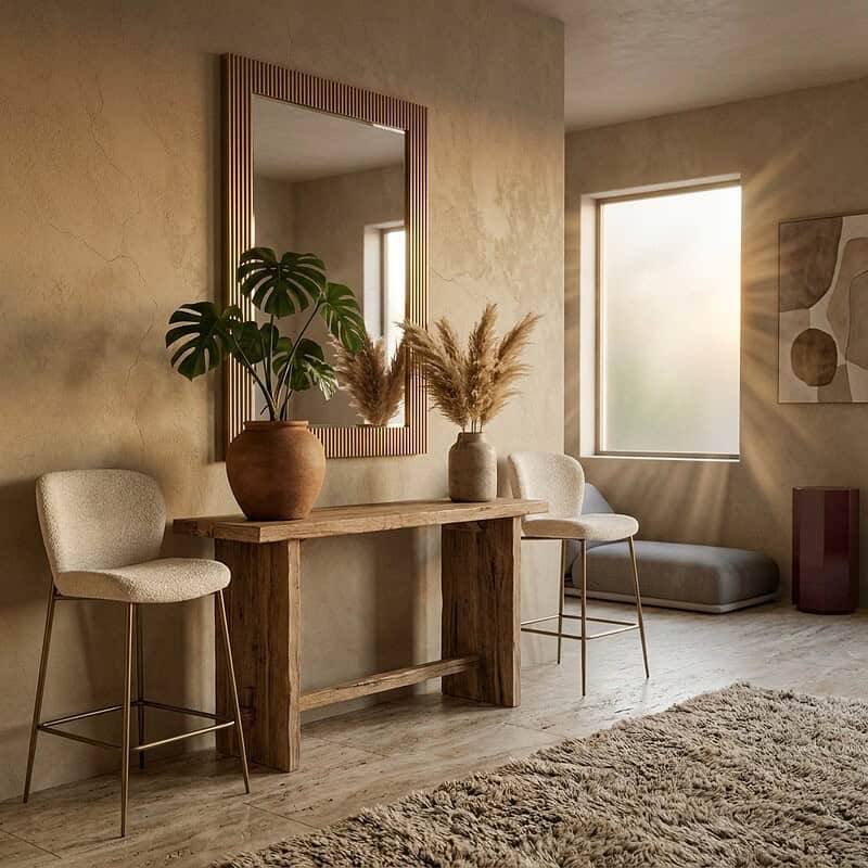 Elegante houten console met groene planten en grote spiegel in een minimalistische woonkamer. Natuurlijk licht en warme kleuren creëren een gezellige sfeer.