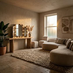 Gezellige woonkamer met Mokana meubelen, zachte bank, grote spiegel met verlichting, en natuurlijke decoratie voor een warme sfeer.