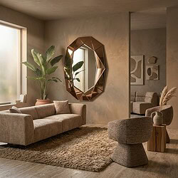 Bank woonkamer met beige bank, grote planten, ronde spiegel en modern decor.