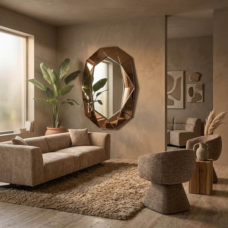Bank woonkamer met beige bank, grote planten, ronde spiegel en modern decor.