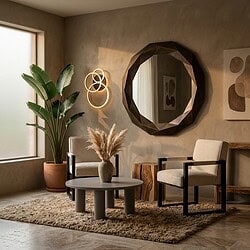 Modern woonkamer met Mokana meubels, grote plant, ronde spiegel en abstracte kunst, warme sfeer en natuurlijke materialen.