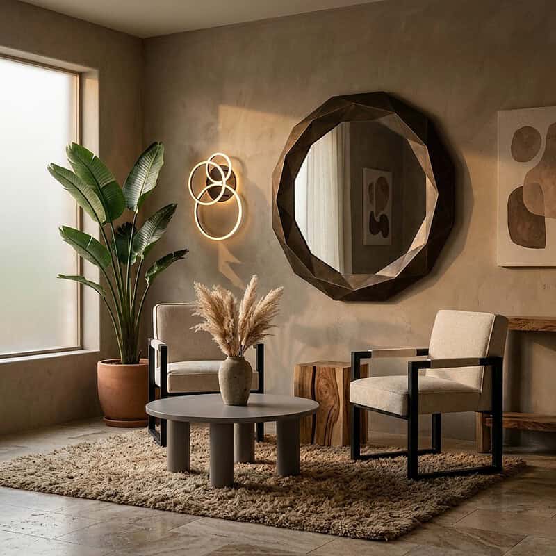 Modern woonkamer met Mokana meubels, grote plant, ronde spiegel en abstracte kunst, warme sfeer en natuurlijke materialen.