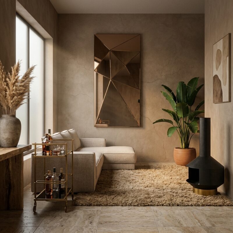 Handgemaakte spiegel Joni met geometrisch patroon en goudkleurige accenten modern design