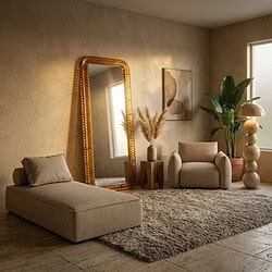 Elegante woonkamer met Mokana meubels, inclusief een comfortabele chaise longue, een armstoel en decoratieve planten. Perfect voor een moderne en gezellige woonruimte.