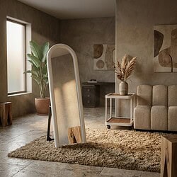 Sfeervol interieur met grote spiegel, groene plant en comfortabele bank in een minimalistische woonkamer.