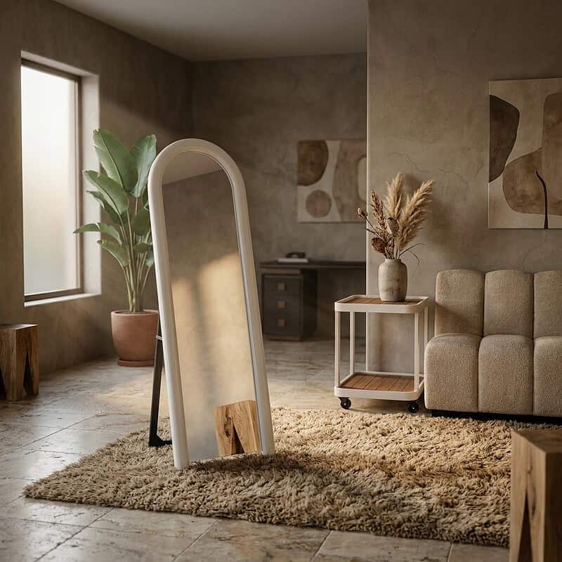 Sfeervol interieur met grote spiegel, groene plant en comfortabele bank in een minimalistische woonkamer.