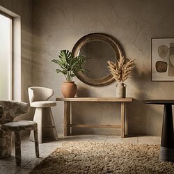 Interieur met rustieke houten tafel, grote plant in terracotta pot, ronde spiegel en decoratieve elementen in een sfeervolle woonkamer.