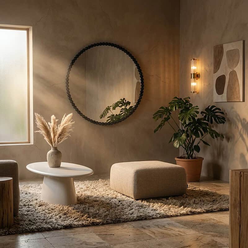 Een stijlvolle, minimalistische woonkamer met natuurlijke elementen, zoals een grote plant, een ronde spiegel en warme verlichting, die een gezellige en rustgevende sfeer creëren.