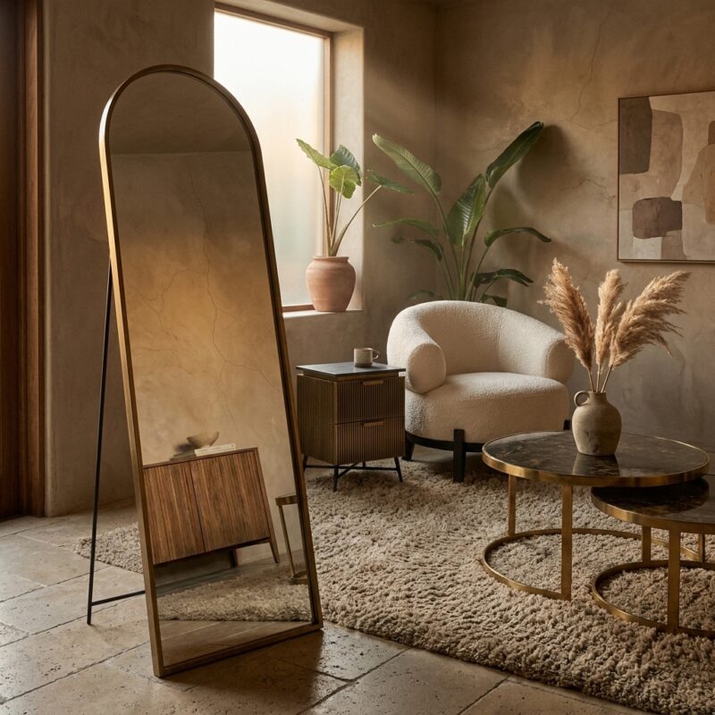 Handgemaakte spiegel Laurine in goud met standaard en veiligheidsglas elegant design