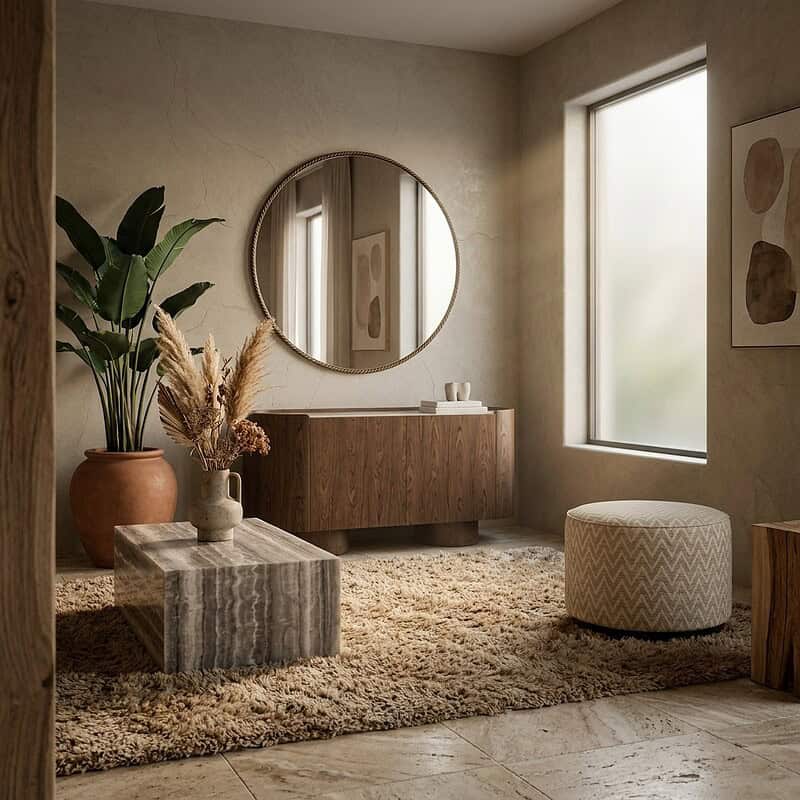 Ruimtelijk interieur met houten meubelen, grote spiegel en natuurlijke decoratie, perfect voor een warme en stijlvolle woonkamer.