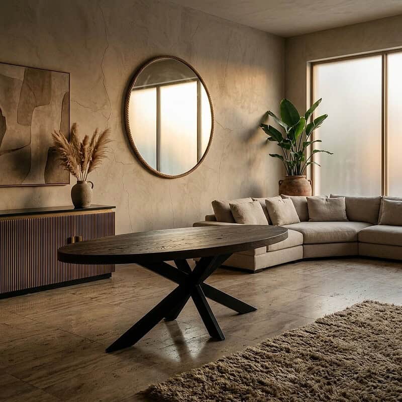Elegante houten eettafel in een stijlvolle, minimalistische woonkamer met een grote bank, ronde spiegel en groene plant voor een warme en uitnodigende sfeer.