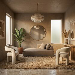 Gezellige woonkamer ingericht met moderne Mokana meubels, inclusief comfortabele fauteuils en een bank, met natuurlijke decoratie en zachte verlichting.
