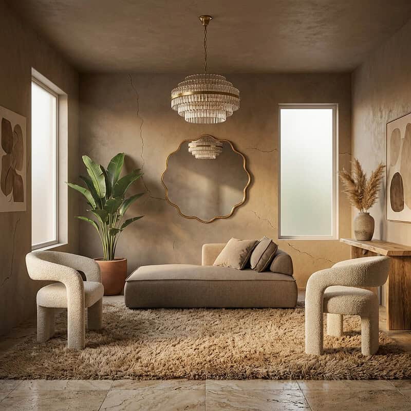Gezellige woonkamer ingericht met moderne Mokana meubels, inclusief comfortabele fauteuils en een bank, met natuurlijke decoratie en zachte verlichting.