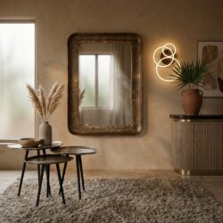 Elegant interieur met vintage spiegel, houten meubels en decoratieve lampen in een warm verlichte woonkamer.
