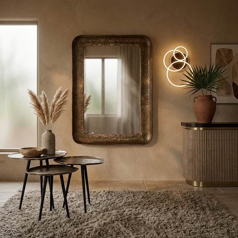 Elegant interieur met vintage spiegel, houten meubels en decoratieve lampen in een warm verlichte woonkamer.