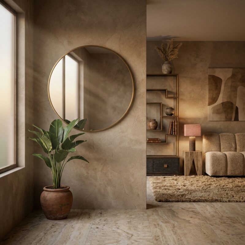 Ronde gouden spiegel Maesa 90 cm in vintage stijl van ijzer en MDF