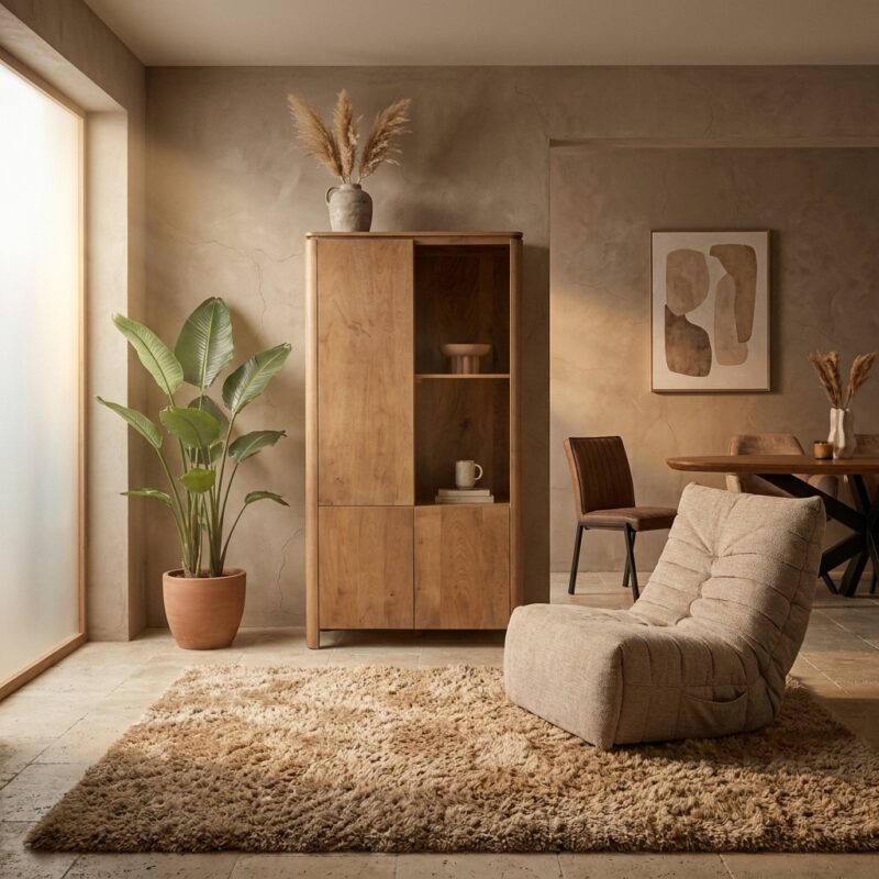 Vakkenkast Dallas naturel mangohout 90 cm breed met open vakken strakke vormgeving