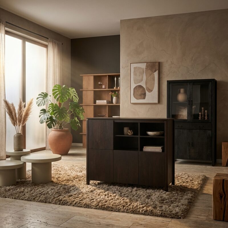 Vakkenkast XL Dallas bruin mangohout 160 cm breed met open vakken