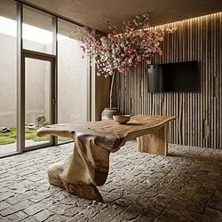 Unieke walnoot boomstamtafel van 300cm, perfect voor moderne eetkamers, met natuurlijke houtstructuur en robuuste uitstraling.