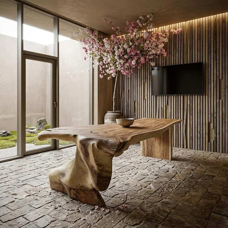 Unieke walnoot boomstamtafel van 300cm, perfect voor moderne eetkamers, met natuurlijke houtstructuur en robuuste uitstraling.