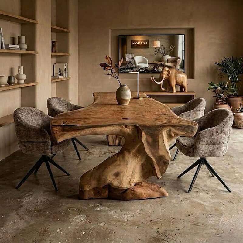 Unieke houten boomstamtafel met natuurlijke waterval vorm, 300cm lang en 140cm breed, verstelbaar tot 90cm breed, perfect voor een stijlvolle eetkamer of vergaderruimte.