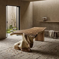 Unieke waterval boomstamtafel van 300cm, handgemaakt van natuurlijk hout, perfect voor een moderne eetkamer of vergaderruimte.