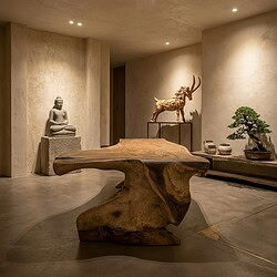 Unieke houten boomstamtafel van 300cm, perfect voor een natuurlijke eetkamer of vergaderruimte, met afmetingen van 140 tot 90 cm breed.