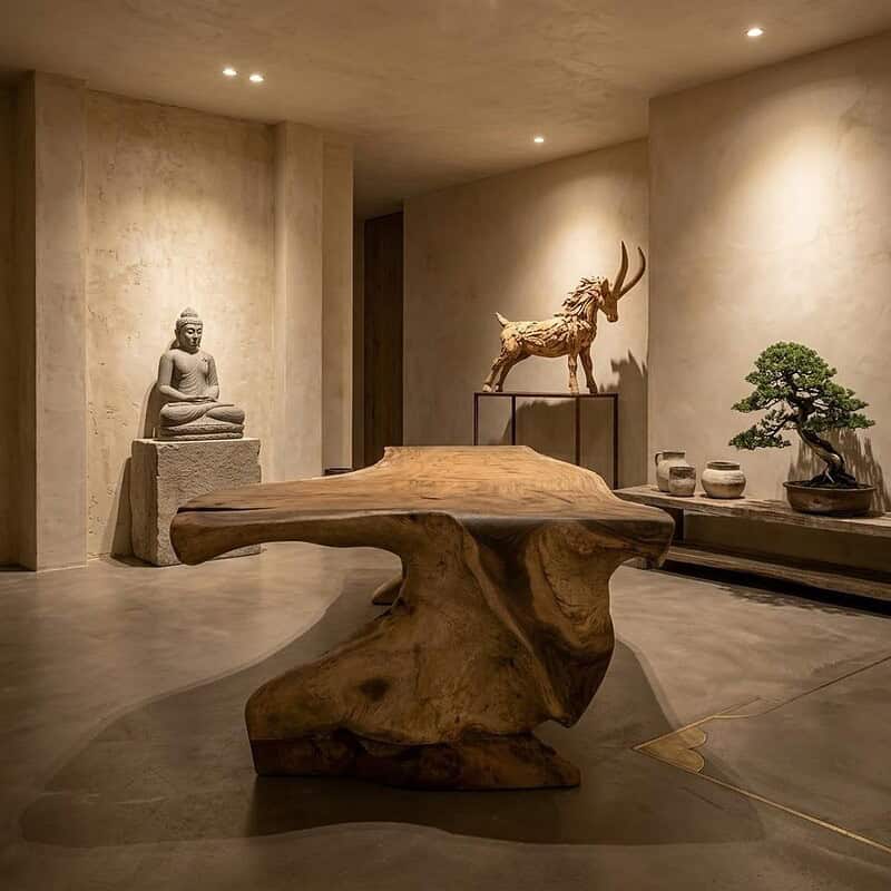 Unieke houten boomstamtafel van 300cm, perfect voor een natuurlijke eetkamer of vergaderruimte, met afmetingen van 140 tot 90 cm breed.