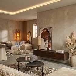 Modern zwevend tv meubel in bruin mangohout, 240 cm breed, voor een stijlvolle woonkamer.