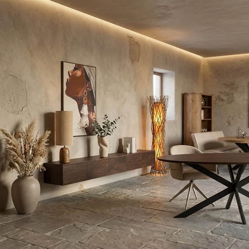 Modern zwevend tv meubel van mangohout in bruin, 280 cm breed, in een stijlvolle woonkamer met decoratieve elementen en sfeervolle verlichting.