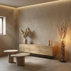 Modern zwevend tv meubel van mangohout, 160 cm breed, met natuurlijke afwerking en minimalistisch design, perfect voor een eigentijdse woonkamer.