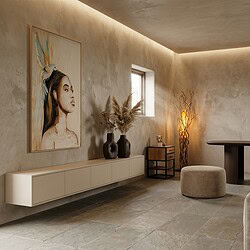 Modern zwevend tv meubel van mangohout in zandkleur, 280 cm breed, perfect voor een eigentijdse woonkamer. Elegant en functioneel design met voldoende opbergruimte.