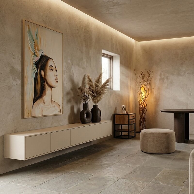 Modern zwevend tv meubel van mangohout in zandkleur, 280 cm breed, perfect voor een eigentijdse woonkamer. Elegant en functioneel design met voldoende opbergruimte.