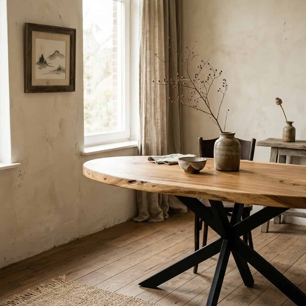 Rustieke houten eettafel in een gezellige, landelijke woonkamer met natuurlijke lichtinval en minimalistische decoratie. Perfect voor een warme en uitnodigende eetruimte.