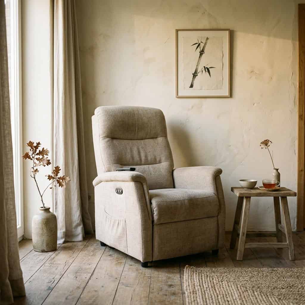 Comfortabele Scandinavische relaxfauteuil in een minimalistische woonkamer met natuurlijke houten elementen en zachte verlichting.