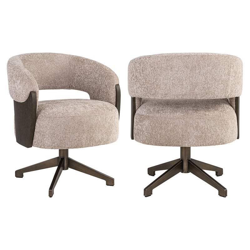 Twee moderne draaistoelen met beige bekleding en houten onderstel, perfect voor een stijlvolle en comfortabele zithoek. Ideaal voor thuis of kantoor, met een tijdloos design en hoogwaardige materialen.