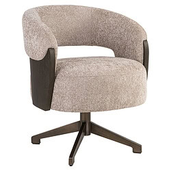 Moderne draaistoel met houten armleuningen en zachte, beige bekleding, perfect voor een stijlvolle en comfortabele zithoek.