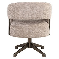 Moderne beige lounge stoel met zacht bekleedde zitting en rugleuning, houten draaipoot en stijlvolle uitstraling, perfect voor een comfortabele zithoek of kantoorruimte.