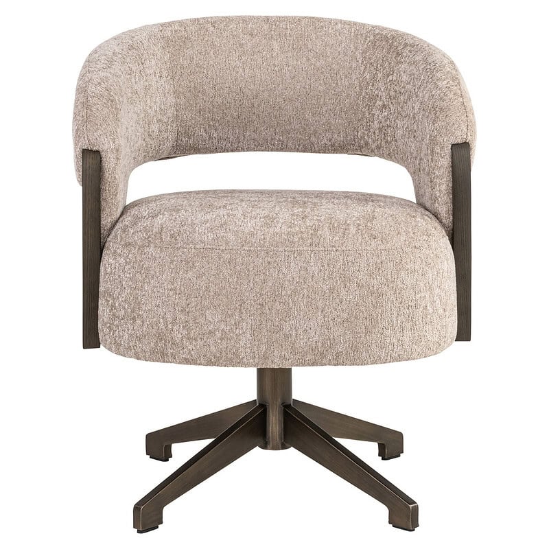 Moderne bureaustoel met houten armleuningen en zachte beige bekleding, ideaal voor kantoor of thuiswerkplek, met verstelbare basis voor comfort en stijl.