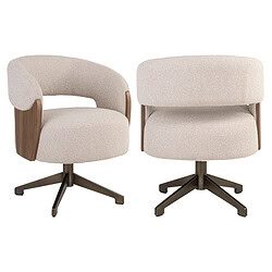 Moderne draaistoelen met houten details, comfortabele bekleding en draaibare basis, perfect voor kantoor of woonkamer.