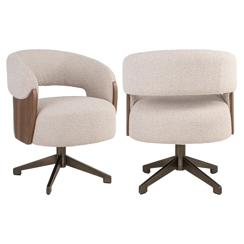 Moderne draaistoelen met houten details, comfortabele bekleding en draaibare basis, perfect voor kantoor of woonkamer.
