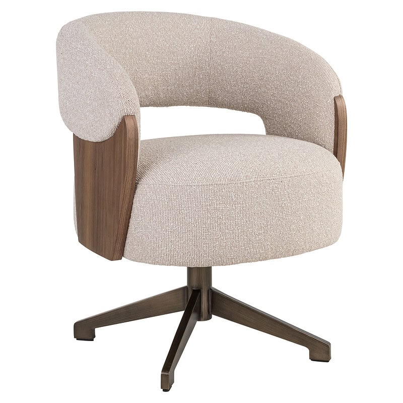 Moderne bureaustoel met houten armleuningen en zachte stoffen bekleding, ideaal voor kantoor of thuiswerkplek, combineert comfort en stijl.