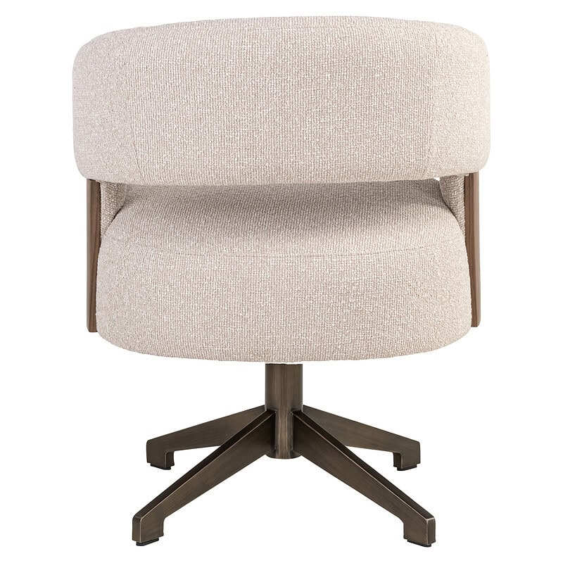 Moderne kantoorstoel met comfortabele, zachte bekleding en houten accenten, ideaal voor thuis of kantoor, ontworpen door Mokana Meubelen.